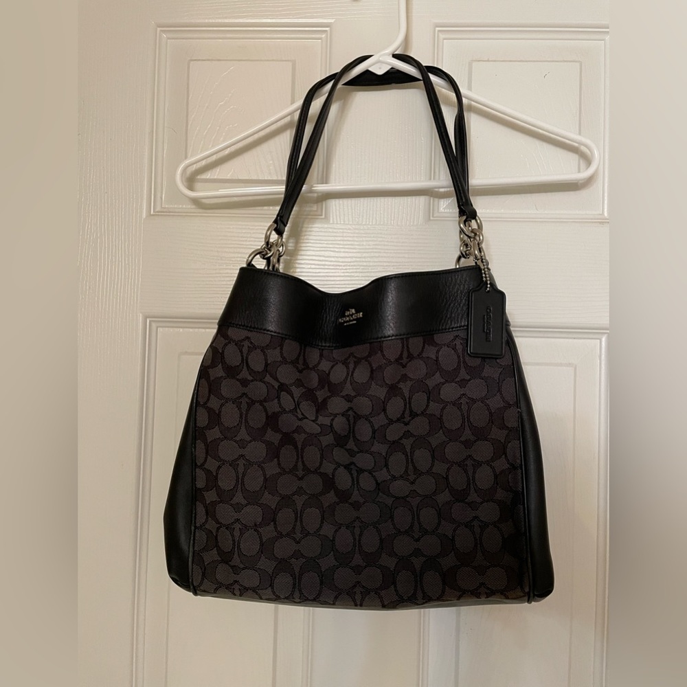 Coach Black on Grey Signature Logo Double Strap Shoulder Bag with 3 main pockets